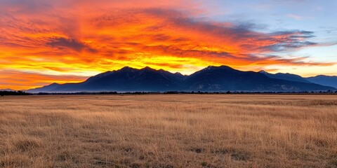 Fototapeta premium A stunning sunset over mountains, illuminating the sky with vibrant colors, reflecting on a golden grassy landscape.