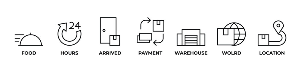 Global Food Logistics  icons set vector illustration blue with FOOD, HOURS, ARRIVED, PAYMENT, WAREHOUSE, WOLRD, LOCATION