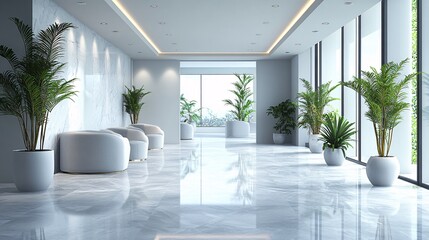 Minimalist office space with white walls, simple furniture, and potted plants; perfect for modern, clean interior design concepts.