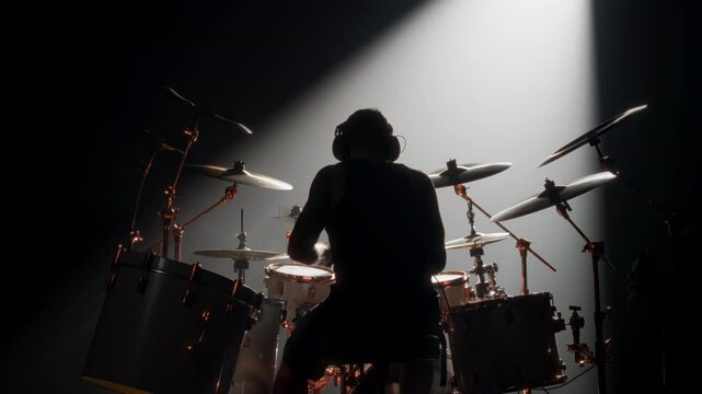 Trap set with hi-hat and bass drums and drummer playing music alone in studio. Professional rock musician rehearsing in night, back view of silhouette of man and drum set in darkness, future rock star