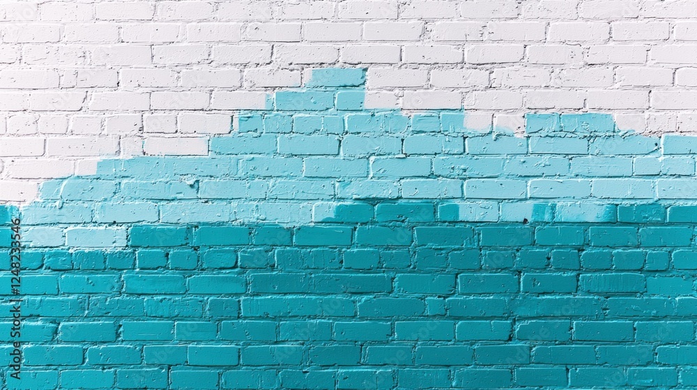 Poster a vibrant teal and white brick wall serves as a unique backdrop, showcasing an abstract gradient des