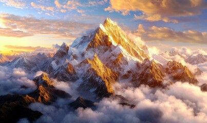Obraz premium Majestic Mountain Peak Bathed in Golden Sunrise Light Above a Sea of Clouds and Surrounded by Dramatic Sky Colors