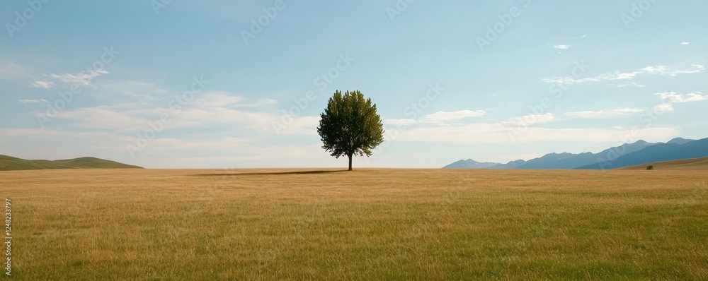 Poster a solitary tree stands tall in a vast golden field under a clear sky, surrounded by distant mountain