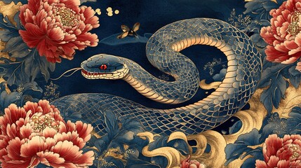 Intricate Blue Snake Slithering Through Vibrant Red Peony Flowers Against Dark Background in Traditional Asian Art Style