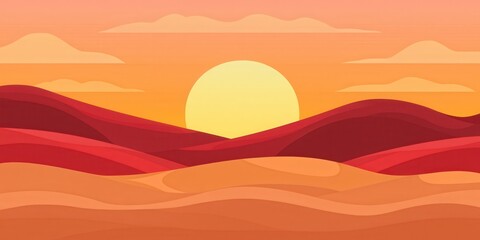 A vibrant sunset casts warm hues over rolling desert hills, creating a serene and picturesque landscape.