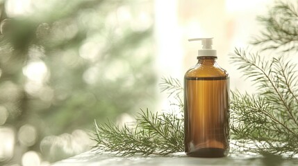 Fototapeta premium Brown glass bottle with pump on table surrounded by green foliage