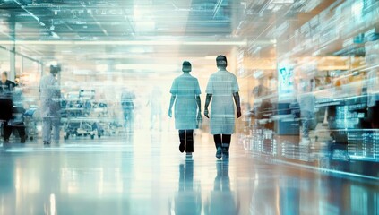 Fototapeta premium Healthcare Professionals Walking in a Busy Hospital Environment with Digital Data Overlay Representing Modern Medical Technology