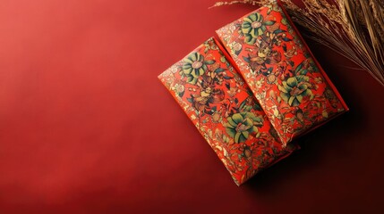 Colorful Gift Wrap with Floral Pattern on Red Background