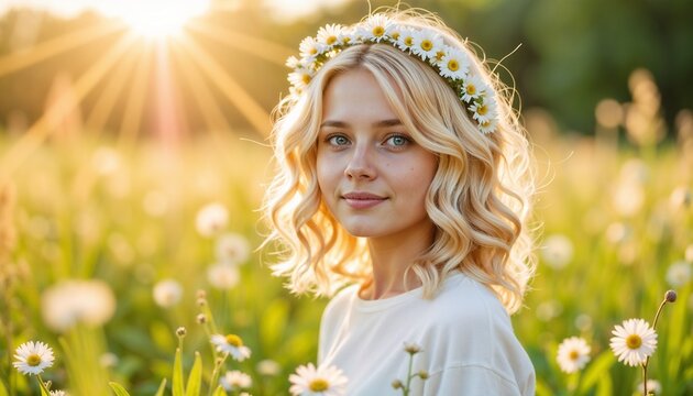 Girl with daisy chain in sunlit meadow