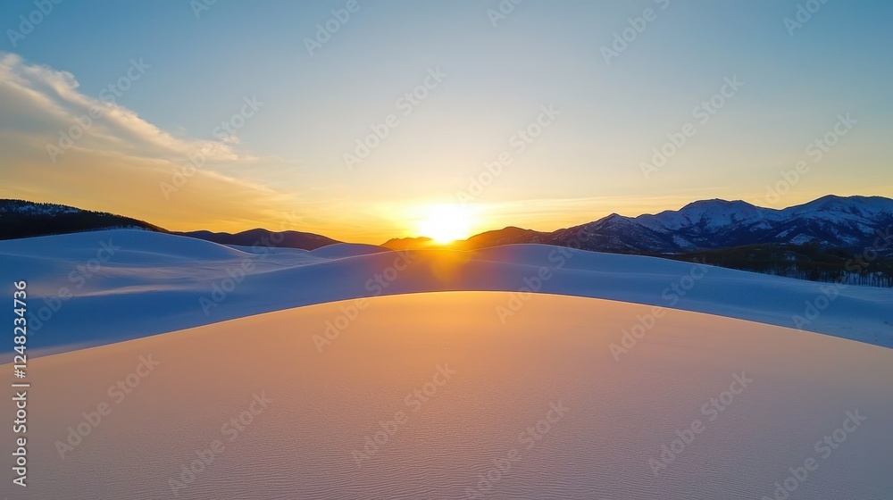 Poster a serene sunset over undulating sand dunes, showcasing soft colors and a tranquil atmosphere under a