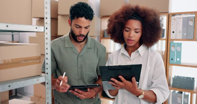 Business people, boxes and tablet for inventory, logistics and planning with distribution. Ecommerce, coworking and employees in warehouse, tech and backlog with export, startup and online order