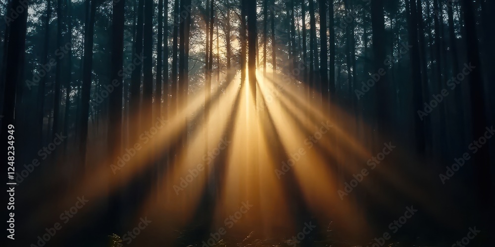 Poster Sunlight streams through towering trees in a serene forest, creating a magical atmosphere of tranquility and warmth.