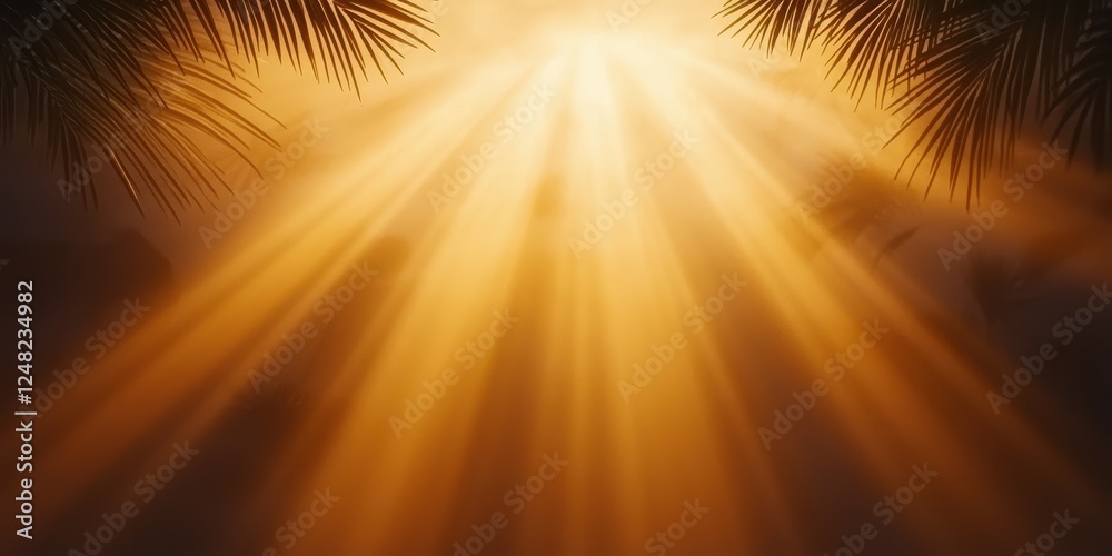 Poster a warm, golden light breaks through dark clouds, creating a serene atmosphere framed by palm leaves.