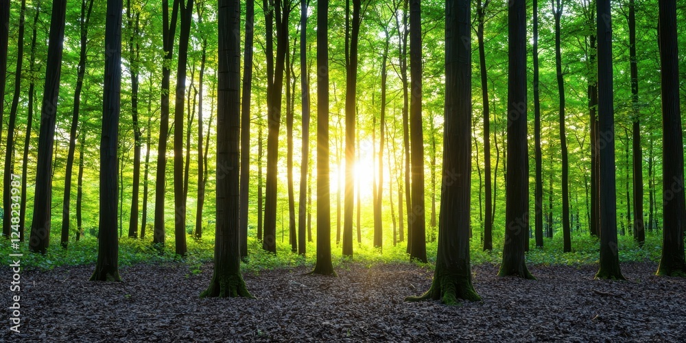 Poster a serene forest with tall trees and sunlight filtering through the leaves, creating a tranquil and v