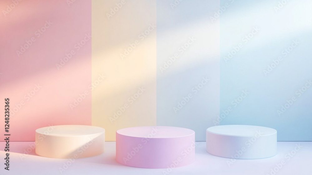 Aufkleber Soft pastel backgrounds featuring light shadows create a tranquil space where circular display platforms invite creativity and elegance. Ideal for showcasing unique products or art pieces