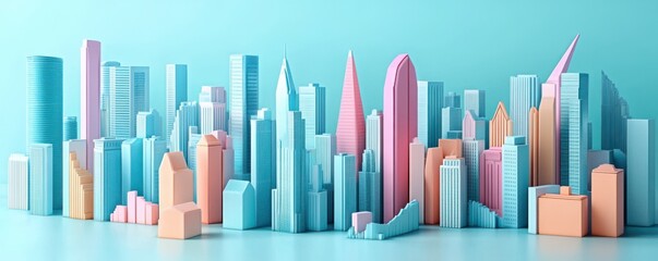 A colorful, stylized skyline featuring modern buildings in shades of blue, pink, and peach against a vibrant turquoise background.