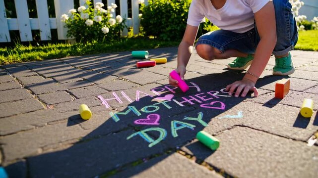 A child kneels on the ground, using vibrant chalks to create a heartfelt Mother's Day message. The scene is set in a sunny garden with a white picket fence and blooming flowers.