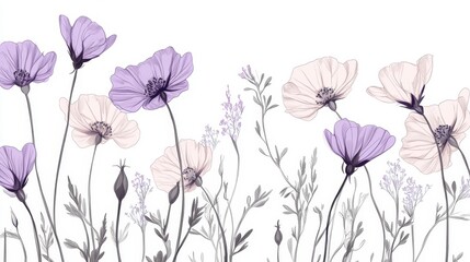 Beautiful seamless floral water color pattern Set, watercolor wild flowers, leaves and grass,Collection botanic garden elements, isolated illustration in rustic or vintage style,copy space.