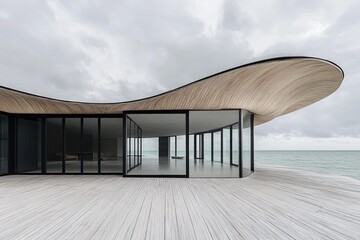 Obraz premium Modern architectural home design with ocean and cloudy skies