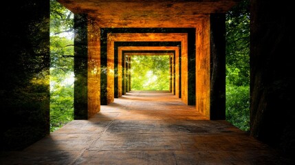 Obraz premium A concrete walkway or path that leads into a green and lush forest The perspective creates a natural tunnel into the trees