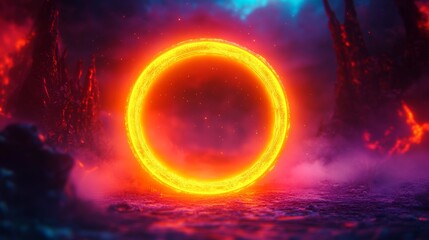A vibrant yellow ring glows against a surreal and otherworldly backdrop filled with moody fog and dramatic lighting