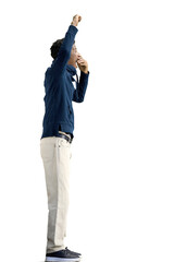 Obraz premium A man, full-length, on a white background, rejoices