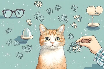 Curious Cat Contemplating Puzzle Pieces in Cozy Home Setting with Glasses and Lamp