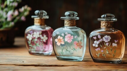 Vintage Decorative Perfume Bottles with Floral Designs on Display