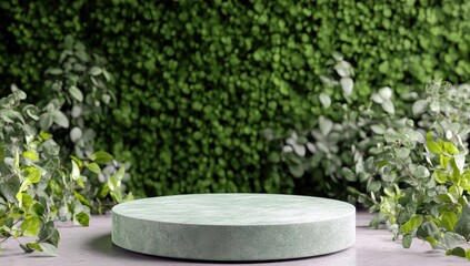 Minimalist Display Platform Surrounded by Lush Greenery, Ideal for Product Photography with Natural Aesthetic and Tranquil Vibes