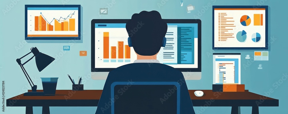Poster a person is working at a desk, focused on multiple computer screens displaying charts and graphs, in