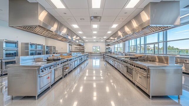 Modern culinary school kitchen, stainless steel appliances, bright windows, sunny day, food education