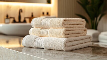 Soft beige towels stacked on a marble countertop, with a blurred luxurious bathroom backdrop; ideal for home decor and bathroom styling images.