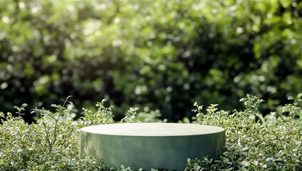 Minimalistic green podium surrounded by lush greenery in natural outdoor setting, perfect for showcasing products or presentations in nature