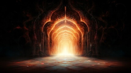 Obraz premium Mystical portal with illuminated arches Fantasy landscape with glowing passage and intricate design in a fiery palette Unveiling a pathway