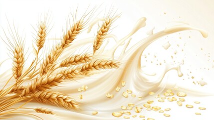 Falling oat flakes with milk splash on white background,Rolled oats falling into splashing milk,Dried oat plant Organic vegan liquid,Healthy breakfast meal,milkshake,yogurt spiral,diet drink.