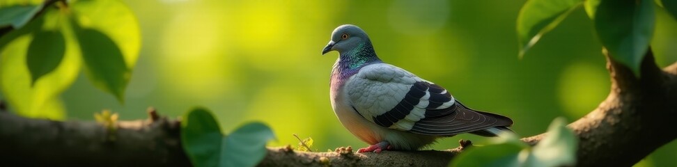 Pigeon nestled in leafy branches, sunlight dappled feathers, wings, leaves, wild