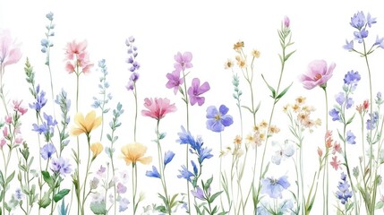 Beautiful seamless floral water color pattern Set, watercolor wild flowers, leaves and grass,Collection botanic garden elements, isolated illustration in rustic or vintage style,copy space.