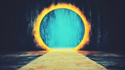 Ethereal portal beckons ringed by fire revealing an aqua world within A stone path leads towards the unknown promising adventure