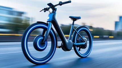 Electric bike racing along urban streets cityscape transportation evening dynamic motion