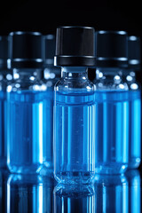 Blue liquid filled glass vials with black caps reflecting light in a sleek lab setting
