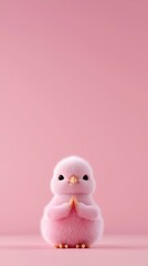 A cute pink bird with hands clasped in prayer against a soft pink background.