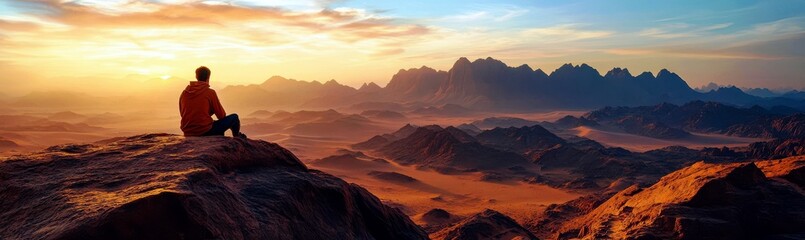 Naklejka premium Breathtaking Sunset Over Mountain Landscape with Solitary Figure Contemplating Nature's Beauty in Vast Desert Terrain during Golden Hour