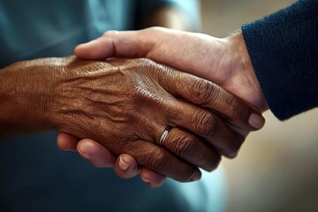 Fototapeta premium Close-up of Two Hands Shaking, Symbolizing Friendship, Unity, Respect, Trust, and Collaboration Between Different Cultures and Generations