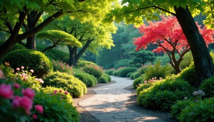 Serene path winding through vibrant Japanese garden , brown, yellow, meditation