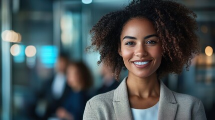 Fototapeta premium A smiling woman with curly hair stands confidently in an office setting, exuding professionalism and approachability.
