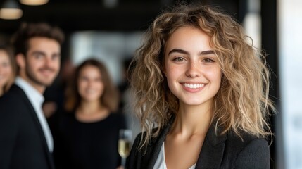 Obraz premium Celebrating success young professional woman smiling with friends in modern office space urban environment candid moment