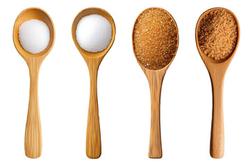 Four Wooden Spoons with Different Types of Sugar, Isolated on White Background Cutout