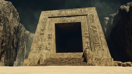 Ancient stone portal with inscribed glyphs standing imposingly in a desolate landscape inviting mystery and adventure