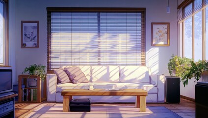 Cozy and Bright Living Room with Natural Light, Sofa, Coffee Table, Green Plants, Wooden Furniture, and Large Windows, Home Interior Design