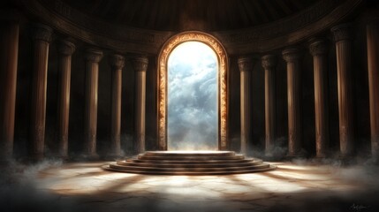 Fototapeta premium An open archway leads to a sky filled with clouds at the end of a grand hall with stone columns and a domed ceiling creating a sense of hope